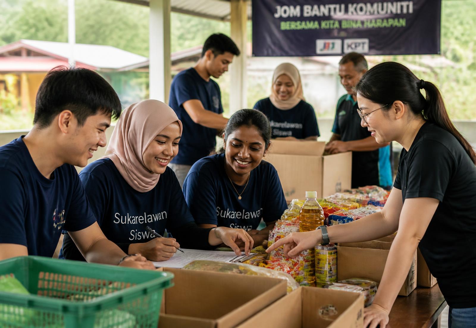 Pelajar dan sukarelawan komuniti menyusun bekalan makanan di dewan kampung